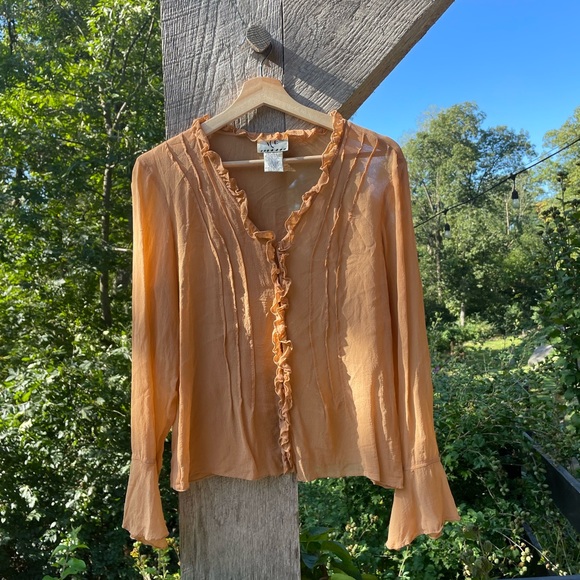 Ice Tops - Vintage Silk Long Sleeve Blouse with Ruffle Detail